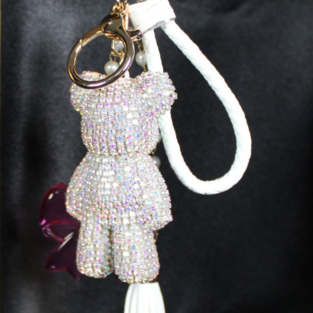 Handcrafted Rhinestone Teddy Bear Bag Charm Pearl Pink Bow Tassel Gold Tone - Picture 8 of 8